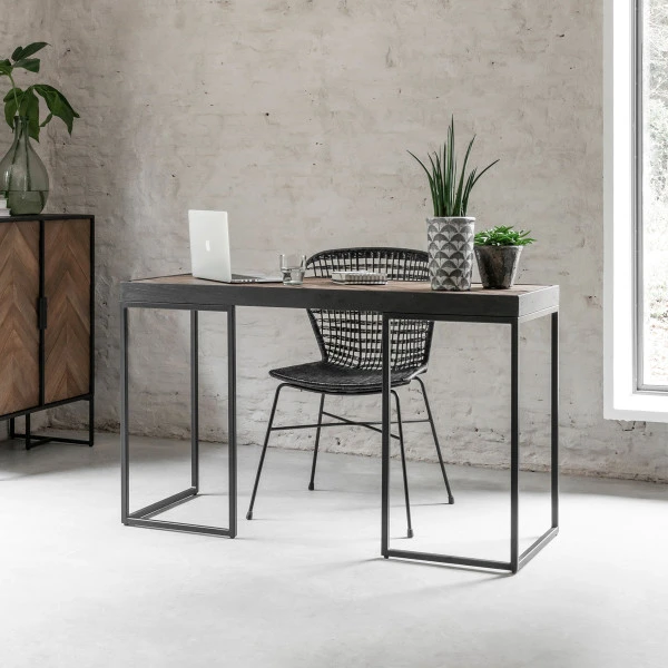 Visgraat Bureau Met Zwart Teak 3 Visgraat Bureau Met Zwart Teak
