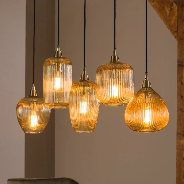 Hanglamp Met 5 Amberkleurige Kappen 3 Hanglamp Met 5 Amberkleurige Kappen