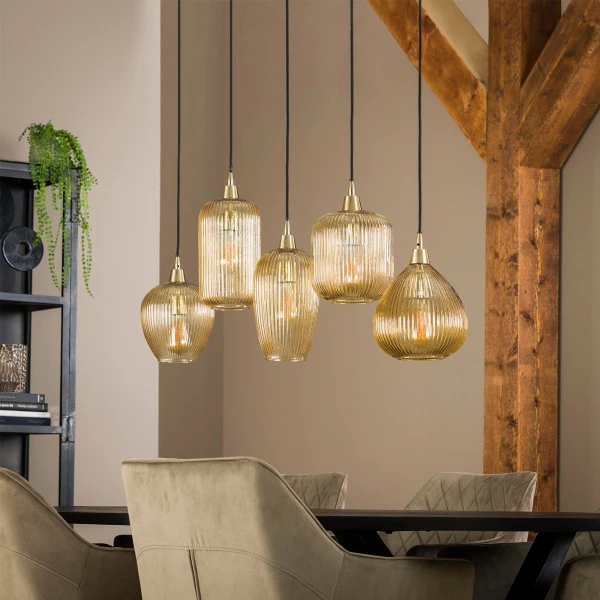 Hanglamp Met 5 Amberkleurige Kappen 4 Hanglamp Met 5 Amberkleurige Kappen - Afbeelding 2