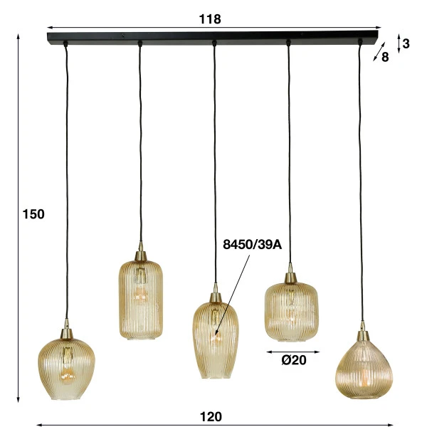 Hanglamp Met 5 Amberkleurige Kappen 8 Hanglamp Met 5 Amberkleurige Kappen - Afbeelding 6