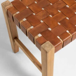 Houten Bankje Met Bruin Leer -Meubelverkoop kave home calixta houten bankje met bruin leer 03